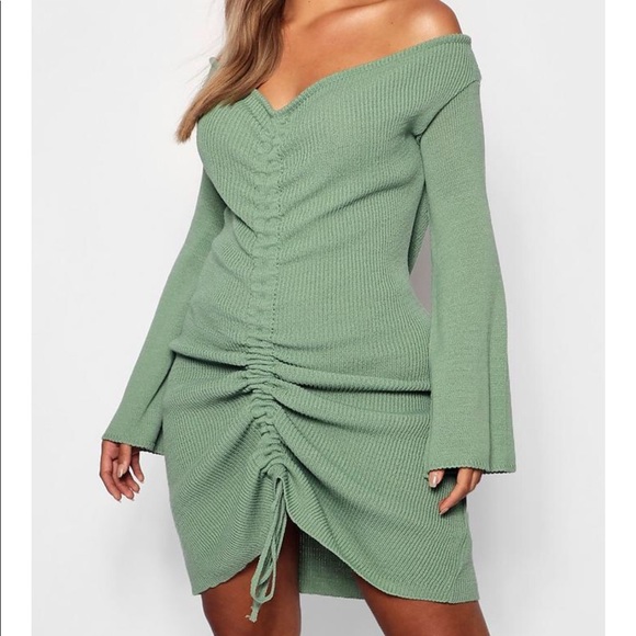 ruched bardot knitted dress